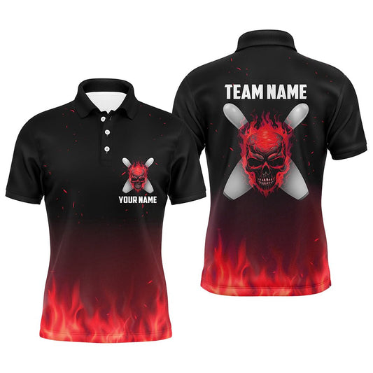 Rote Flammen-Schädel Bowling Polo Shirts für Herren - Personalisierte Team Bowling Trikots - Halloween Outfits P5374 - Climcat