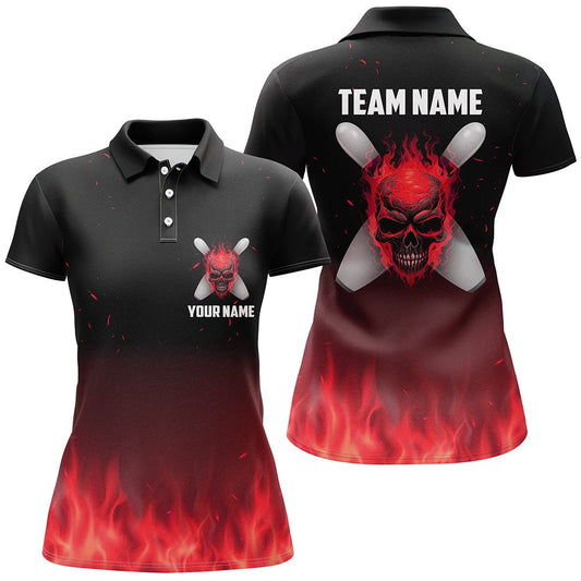 Rote Flammen-Schädel Damen Bowling Polo Shirts - Individuelle Team Bowling Trikots - Halloween Outfits P5374 - Climcat