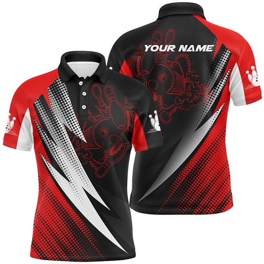 Rote & schwarze Bowlingkugeln und Pins - Personalisierbare Bowling-Poloshirts für Herren, Team-Bowlingtrikots Q4847 - Climcat