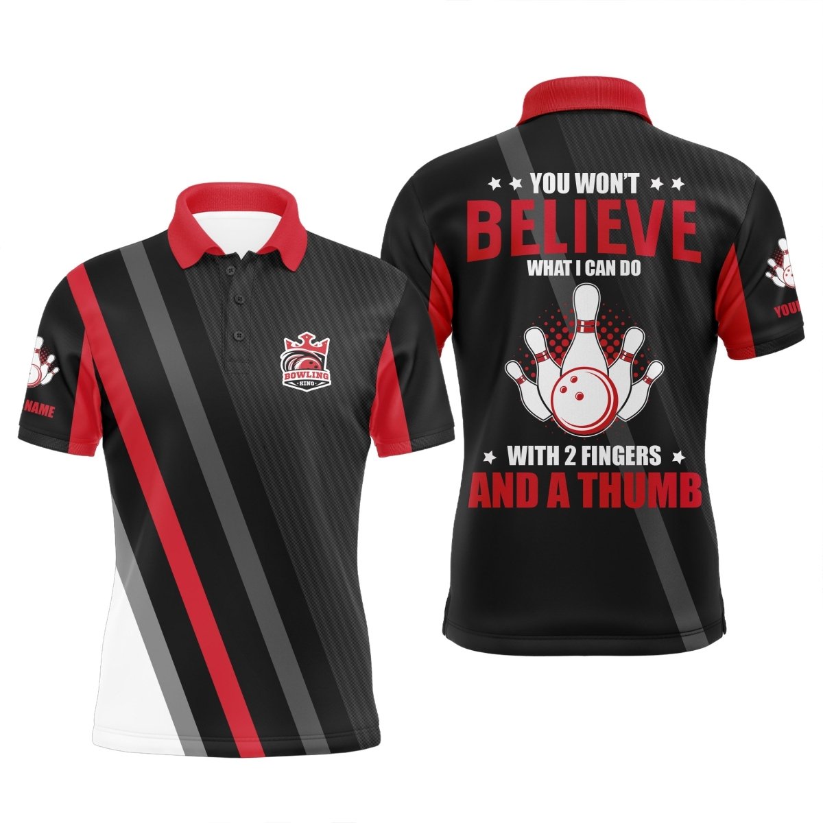 Rote & schwarze Herren Polo Bowling Shirts individuell gestaltet - Entdecke, was ich mit 2 Fingern und einem Daumen machen kann! Q5286 - Climcat