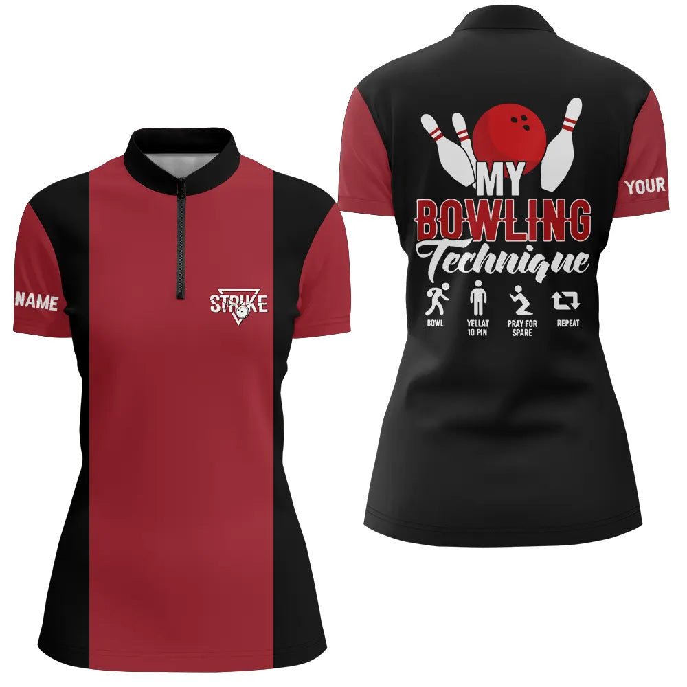 Rote schwarze Vintage Damen Bowling Quarter Zip Shirts - Personalisiertes Bowlingtechnik Strike Bowling Team Trikot Q5487 - Climcat