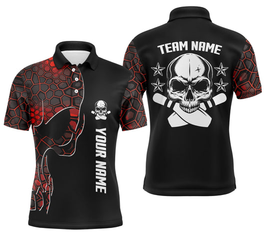 Rote Tarnung Schwarze Bowling-Polo-Shirts für Herren mit individuellem Teamnamen Skull Bowling, Team-Bowling-Shirts Q5060 - Climcat