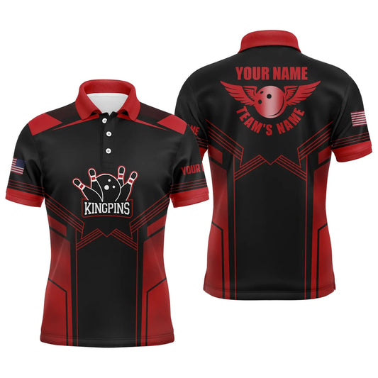 Rote und schwarze Bowling-Polo-Shirts für Herren mit individuellem Namen und Teamnamen, Bowling-Polo-Team-Shirts - Climcat