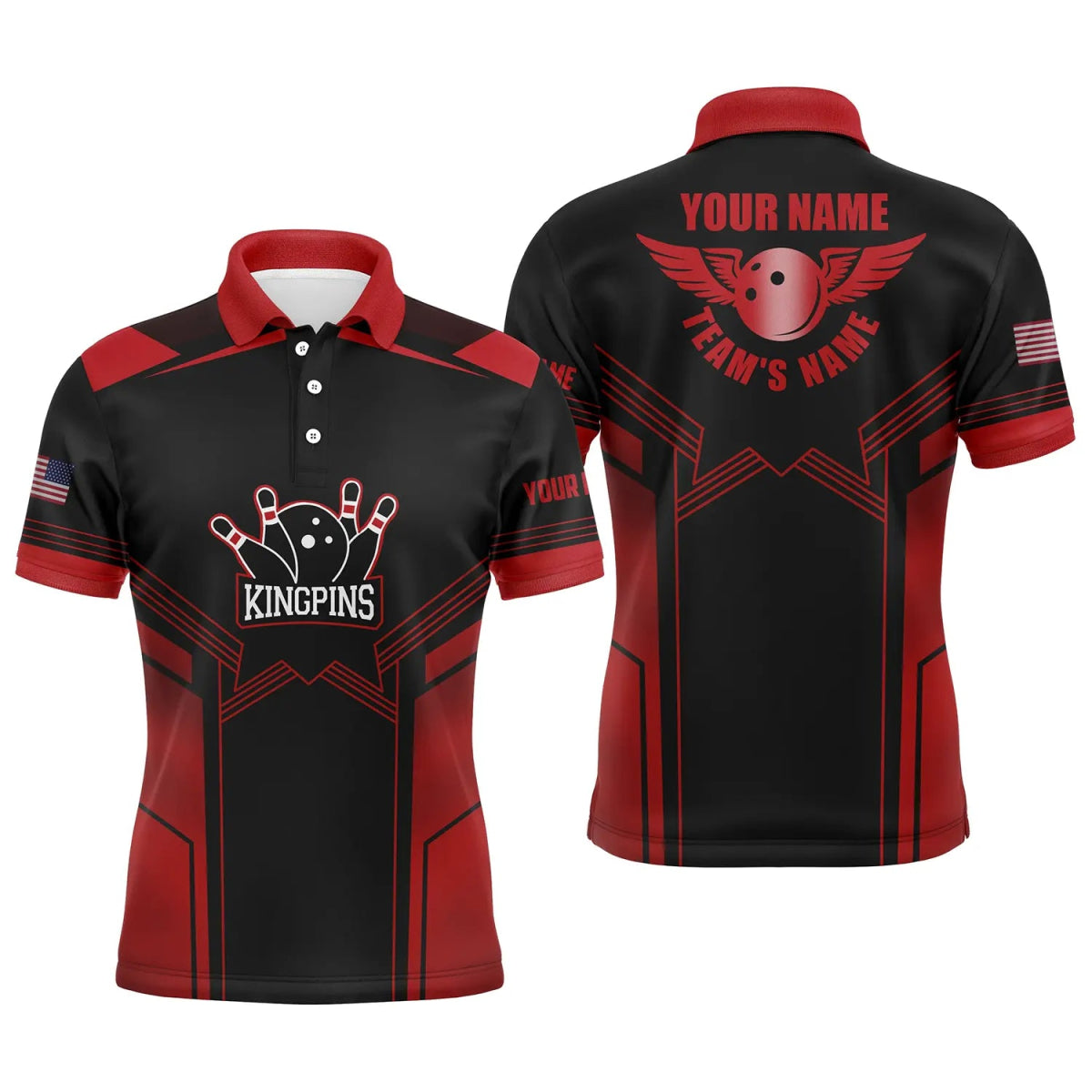 Rote und schwarze Bowling-Polo-Shirts für Herren mit individuellem Namen und Teamnamen - Bowling-Polo-Teamshirts Q4728 - Climcat