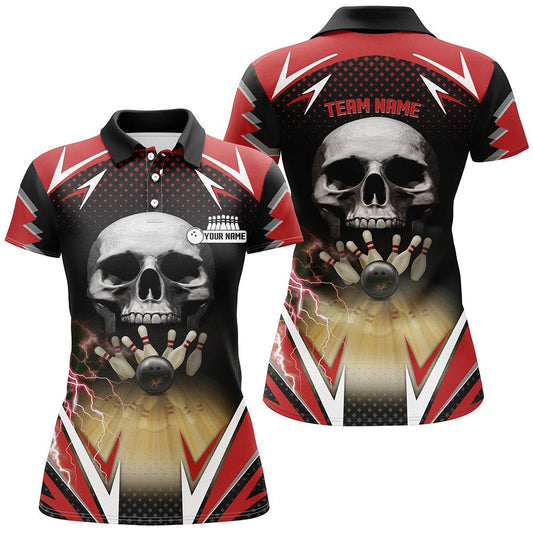 Rote und schwarze Bowling-Skull-Polo-Shirts für Damen, individuell gestaltete Bowlingkugel-Pins, Team-Liga-Trikots Q6251 - Climcat