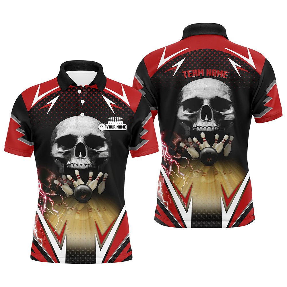 Rote und schwarze Bowling-Skull-Polo-Shirts für Herren - Individuelle Bowlingkugel-Pins Team Liga Trikots Q6251 - Climcat