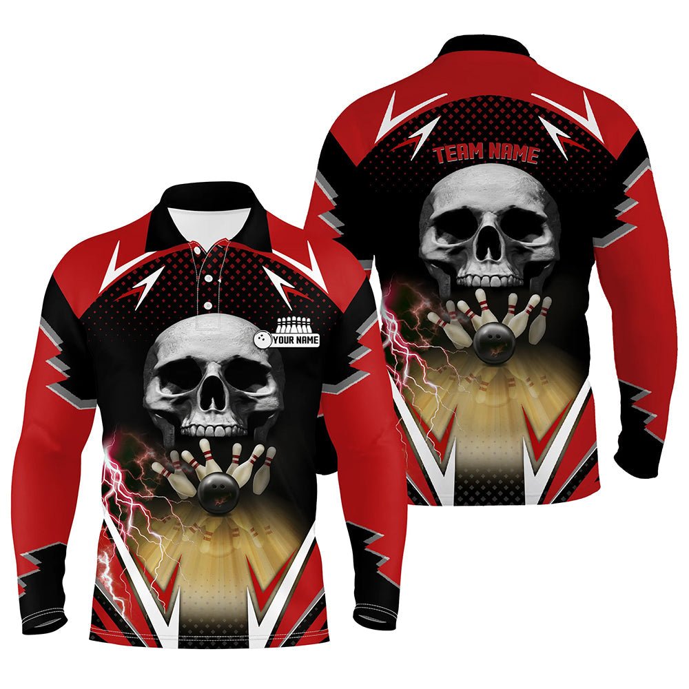 Rote und schwarze Bowling-Skull-Polo-Shirts für Herren - Individuelle Bowlingkugel-Pins Team Liga Trikots Q6251 - Climcat