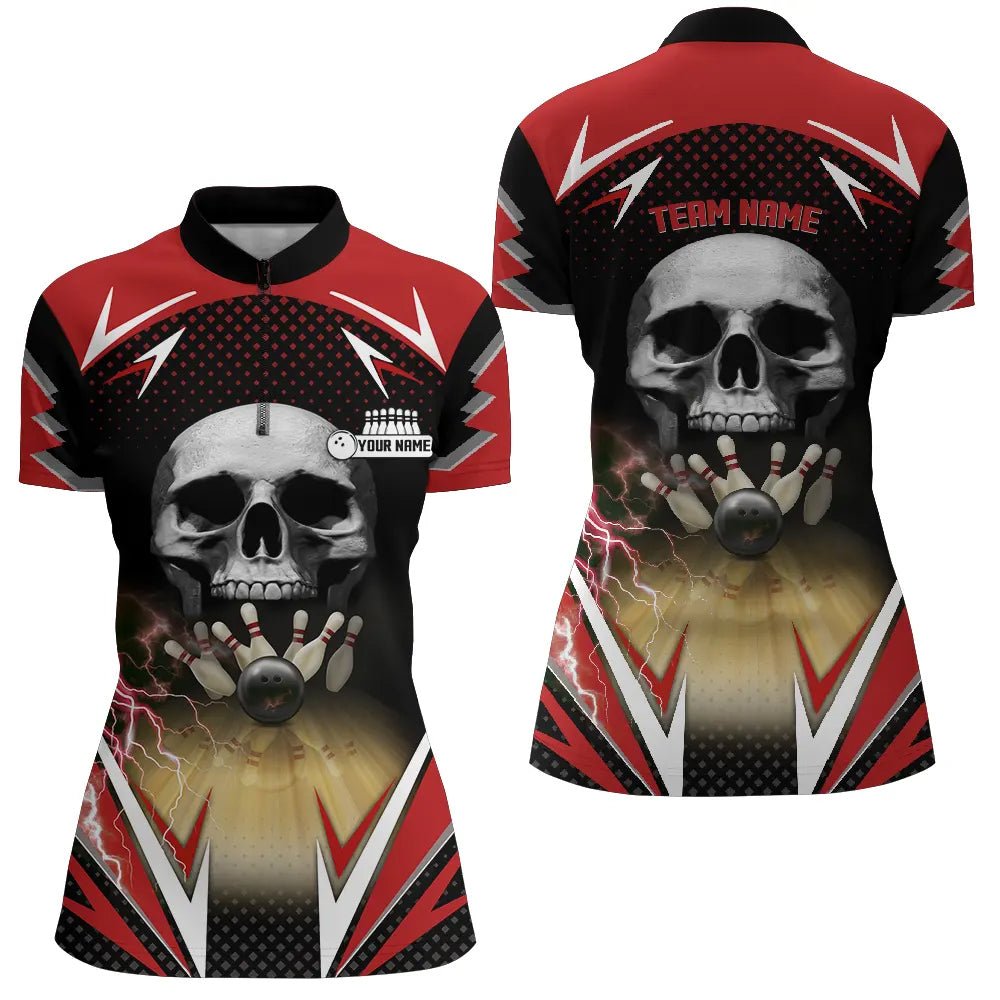 Rote und schwarze Bowling Skull Quarter Zip Shirts für Damen - Personalisierte Bowlingkugel-Pins Team Liga Trikots Q6251 - Climcat