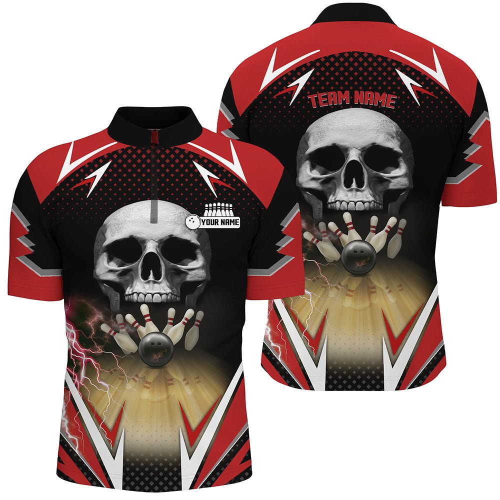 Rote und schwarze Bowling-Skull-Quarter-Zip-Shirts für Herren, individuell gestaltete Bowlingkugel-Pins, Team-Liga-Trikots Q6251 - Climcat