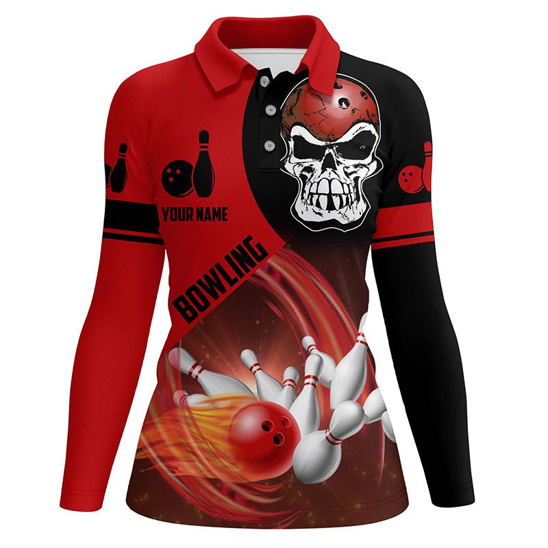 Rote und schwarze Bowlingkugel und Pins Damen Polo-Shirts individuell gestaltete Totenkopf Bowling Team Trikots Q6082 - Climcat