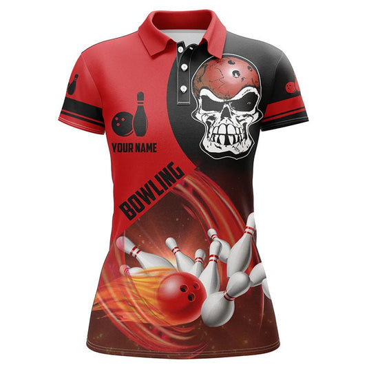 Rote und schwarze Bowlingkugel und Pins Damen Polo-Shirts individuell gestaltete Totenkopf Bowling Team Trikots Q6082 - Climcat