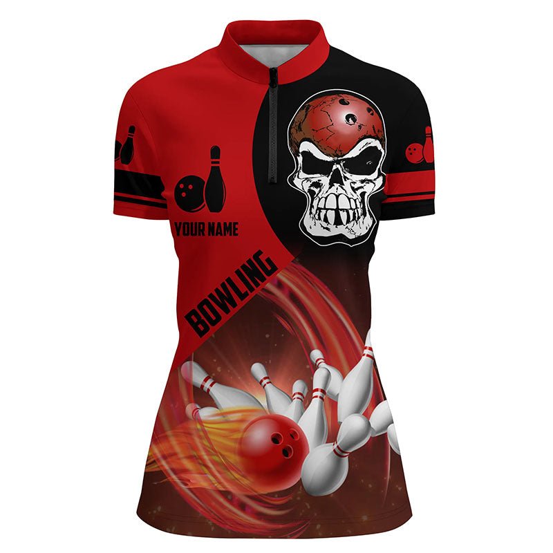 Rote und schwarze Bowlingkugel und Pins Damen Quarter-Zip Shirts individuelle Totenkopf Bowling Team Trikots Q6082 - Climcat