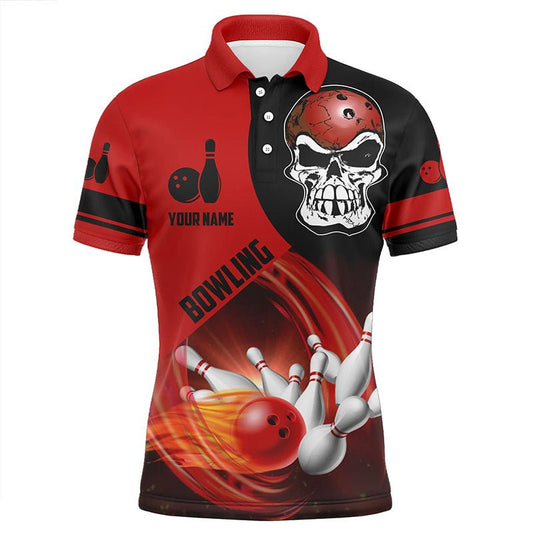 Rote und schwarze Bowlingkugel und Pins Herren Bowling Polo Shirts individuell gestaltete Totenkopf Bowling Team Trikots Q6082 - Climcat