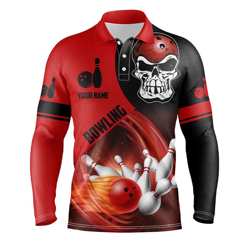 Rote und schwarze Bowlingkugel und Pins Herren Bowling Polo Shirts individuell gestaltete Totenkopf Bowling Team Trikots Q6082 - Climcat