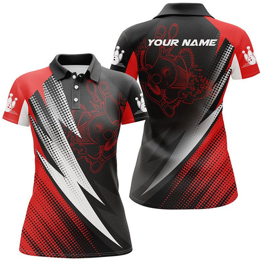 Rote und schwarze Bowlingkugeln und Pins - Personalisierbare Bowling-Poloshirts für Frauen, Team-Bowlingtrikots Q4847 - Climcat