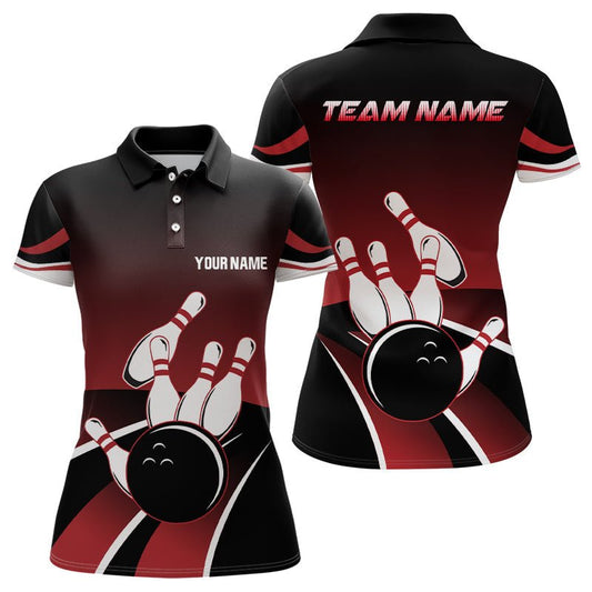 Rote und schwarze Damen Bowling Polo Shirts - Personalisiertes Bowlingkugel-Teamtrikot mit individuellen Bowlingpins - Geschenk für Bowlingteams Q6148 - Climcat