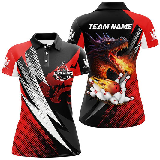 Rote und schwarze Flame Dragon Bowlingkugeln Pins, individuelle Bowling-Poloshirts für Frauen, Bowlingtrikots Q6497 - Climcat