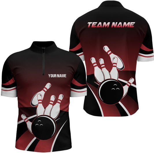 Rote und schwarze Herren-Quarter-Zip-Shirts, individuell gestaltete Bowlingkugelstifte, Teamtrikot, Geschenk für Team-Bowler Q6148 - Climcat