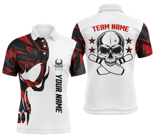 Rote und weiße Bowling-Poloshirts für Herren mit individuellem Namen und Teamnamen Skull Bowling, Bowling-Teamshirts Q4699 - Climcat