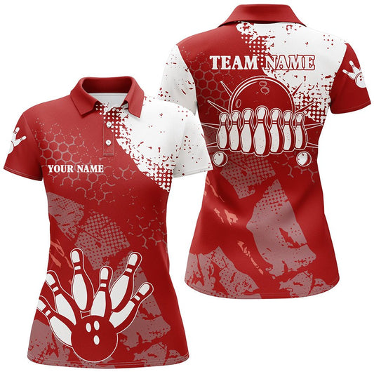 Rote und weiße Damen Bowling Polo Shirts, individuell anpassbare Retro Bowlingkugel Pins Bowling Team Liga Trikots - Climcat