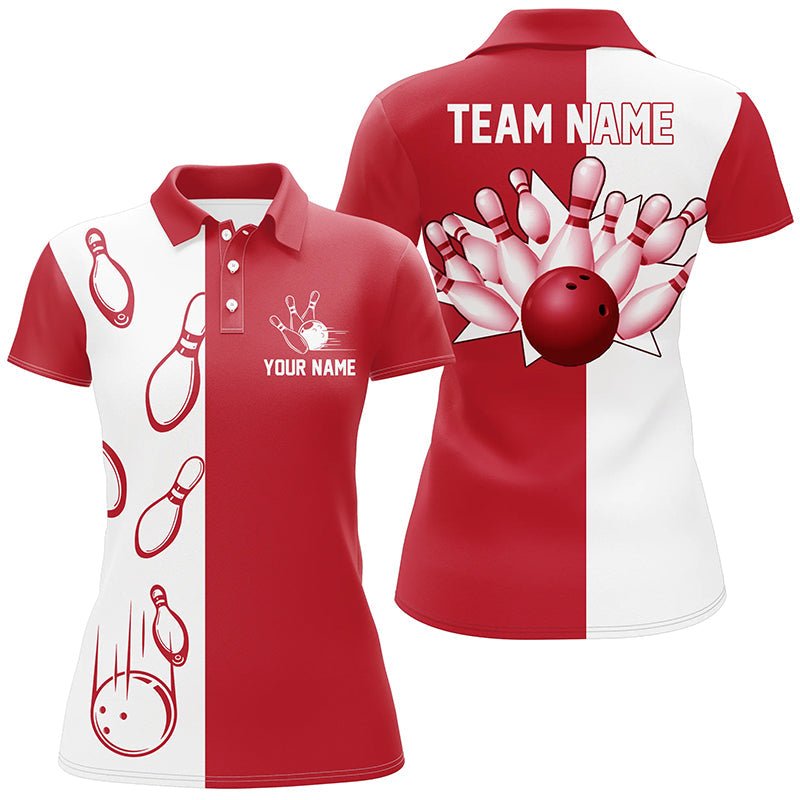 Rote und weiße Retro-Vintage-Bowling-Polo-Shirts für Damen - Personalisierte Bowling-Teamtrikots Q6482 - Climcat