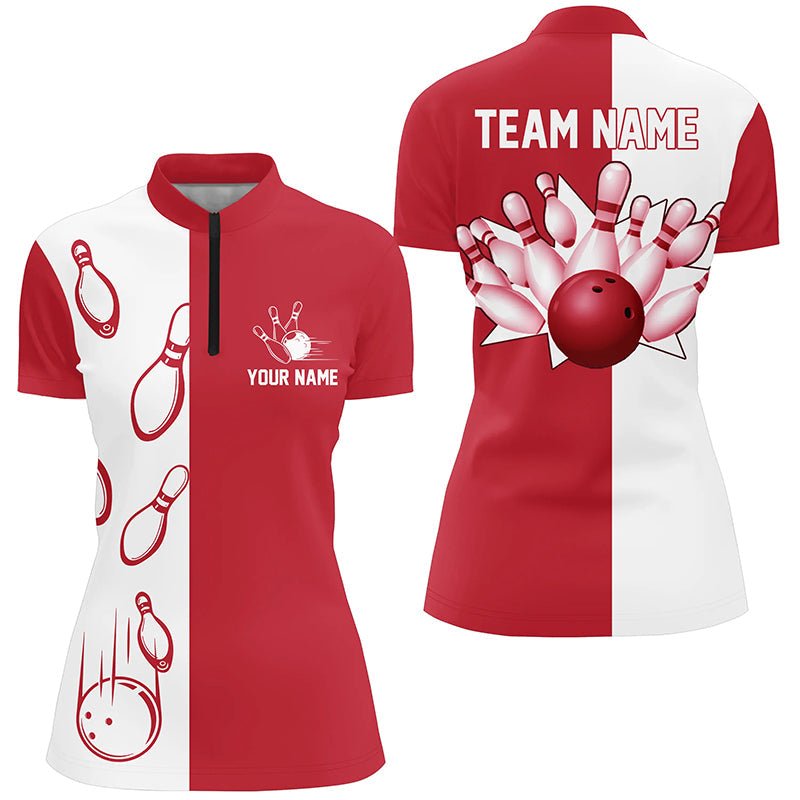 Rote und weiße Retro-Vintage-Bowling-Quarter-Zip-Shirts für Damen - Personalisierte Bowling-Teamtrikots Q6482 - Climcat