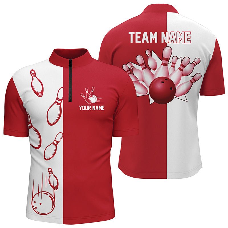 Rote und weiße Retro-Vintage-Bowling-Quarter-Zip-Shirts für Herren - Individuelle Bowling-Teamtrikots Q6482 - Climcat