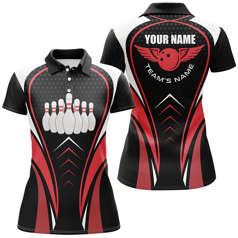 Rote, weiße und schwarze Bowling-Shirts für Damen - Bowling-Team Liga Trikot - Personalisierte Bowling-Polo-Shirts Q6539 - Climcat