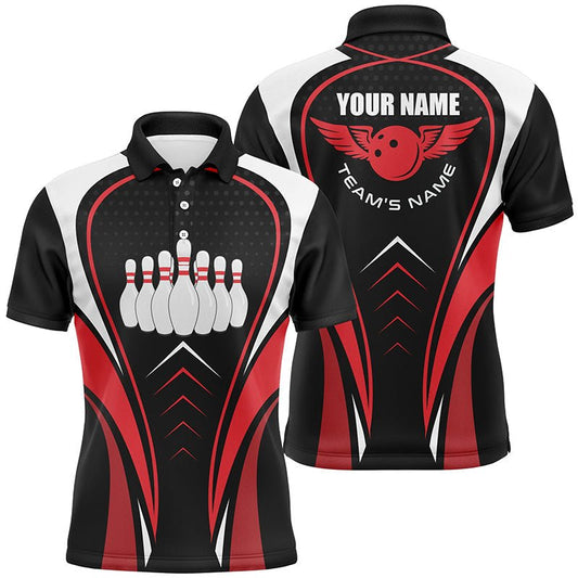 Rote, weiße und schwarze Bowlingshirts für Herren - Bowling Team Liga Trikots - Personalisierte Bowling Polo Shirts Q6539 - Climcat