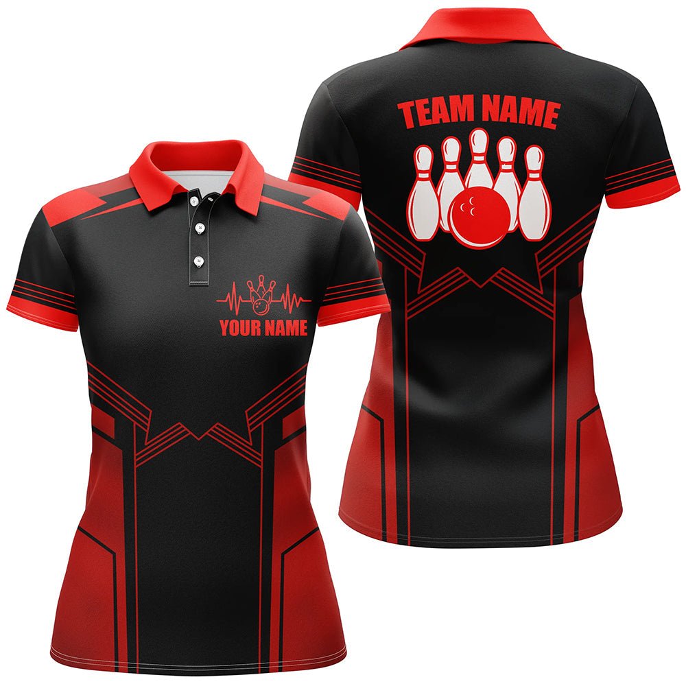 Rotes Bowling-Polo-Shirt für Damen | Personalisiertes Bowling-Trikot mit Namen | Damen Bowling-Teamshirt D71 - Climcat