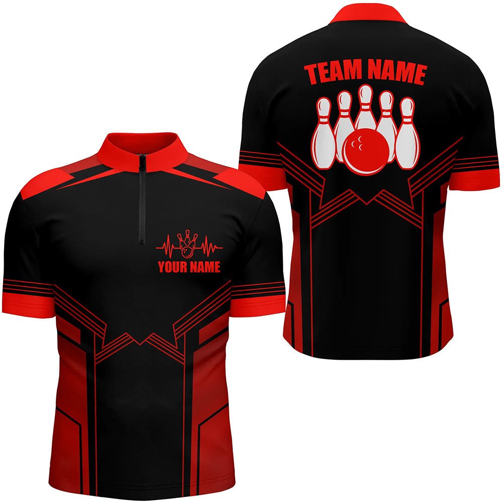 Rotes Bowling-Quarter-Zip-Shirt für Herren | Personalisiertes Bowling-Trikot mit Namen | Herren Bowling-Team-Shirt D72 - Climcat