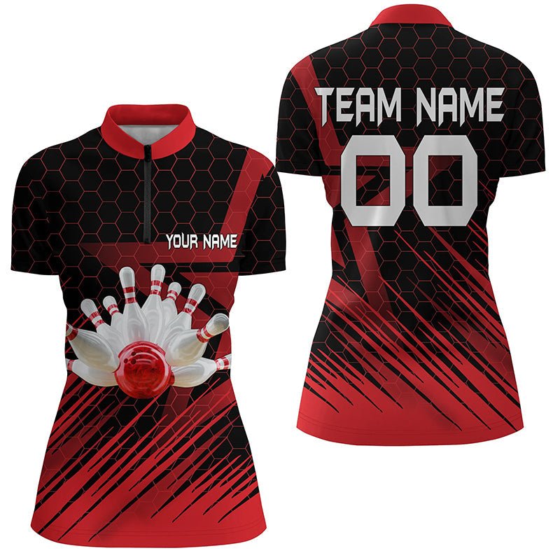 Rotes Bowling-Shirt für Damen mit individuellem Namen | Viertelreißverschluss | 3D Bowling Team Shirt für Damen | Q5140 - Climcat