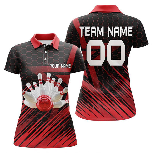 Rotes Bowling-Shirt für Damen | Personalisiertes Kurzarm-Polo | 3D Bowling Team Shirt für Frauen | Q5140 - Climcat