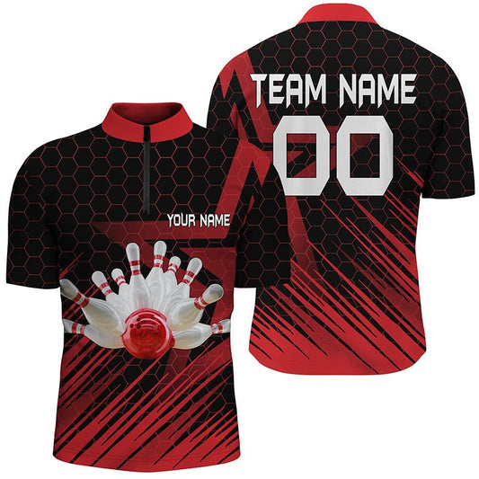 Rotes Bowling-Shirt für Herren | Personalisiertes Viertelreißverschluss Bowling Trikot | 3D Bowling Team Shirt für Herren Q5140 - Climcat