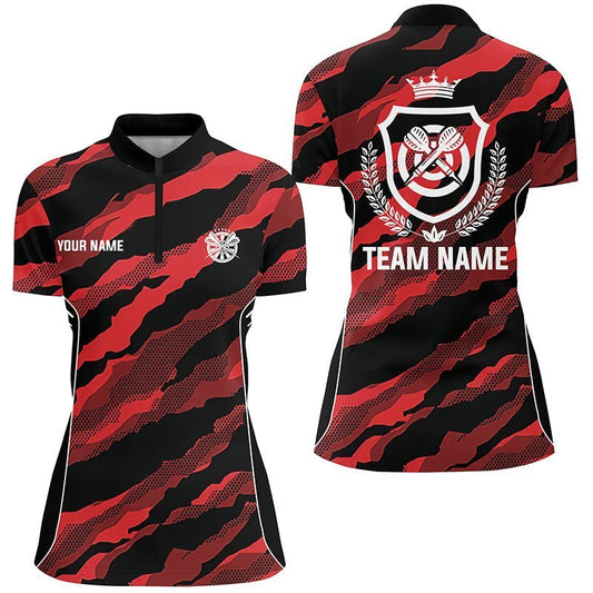 Rotes Camouflage-Darts-Quarter-Zip-Shirt, individuell anpassbares Tarnmuster-Darts-Shirt für Frauen, Darts-Team-Trikot B452 - Climcat