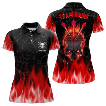 Rotes Damen Polo-Shirt mit Flammen-Schädel-Motiv, individuell anpassbares gruseliges Dart-Shirt für Frauen, Dart-Trikots J506 - Climcat