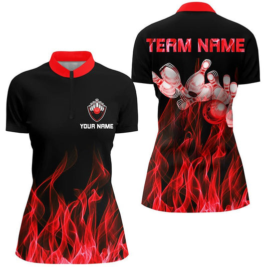 Rotes Flammen Bowling Quarter-Zip Shirt für Damen - Schwarze Bowling Trikots - Personalisierte Bowling Team Shirts Q5488 - Climcat