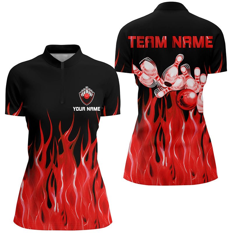 Rotes Flammen Bowling Quarter-Zip Shirt für Damen - Schwarze Bowling Trikots - Personalisierte Bowling Team Shirts Q7052 - Climcat
