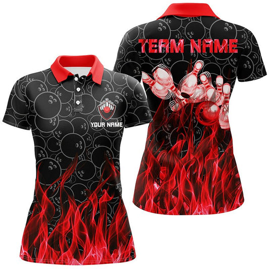 Rotes Flammen Damen Bowling Polo Shirt Schwarz Camo Bowling Trikots Personalisierte Bowling Team Shirts Q6739 - Climcat