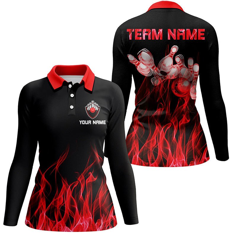Rotes Flammen Damen Bowling Polo Shirt schwarz - Personalisierte Bowling Team Shirts Q5488 - Climcat