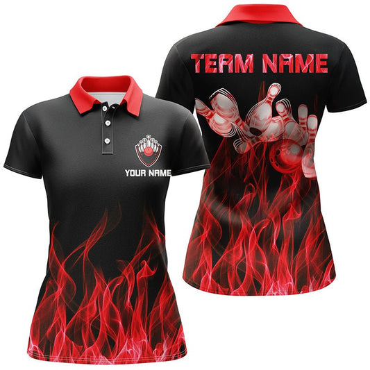 Rotes Flammen Damen Bowling Polo Shirt schwarz - Personalisierte Bowling Team Shirts Q5488 - Climcat