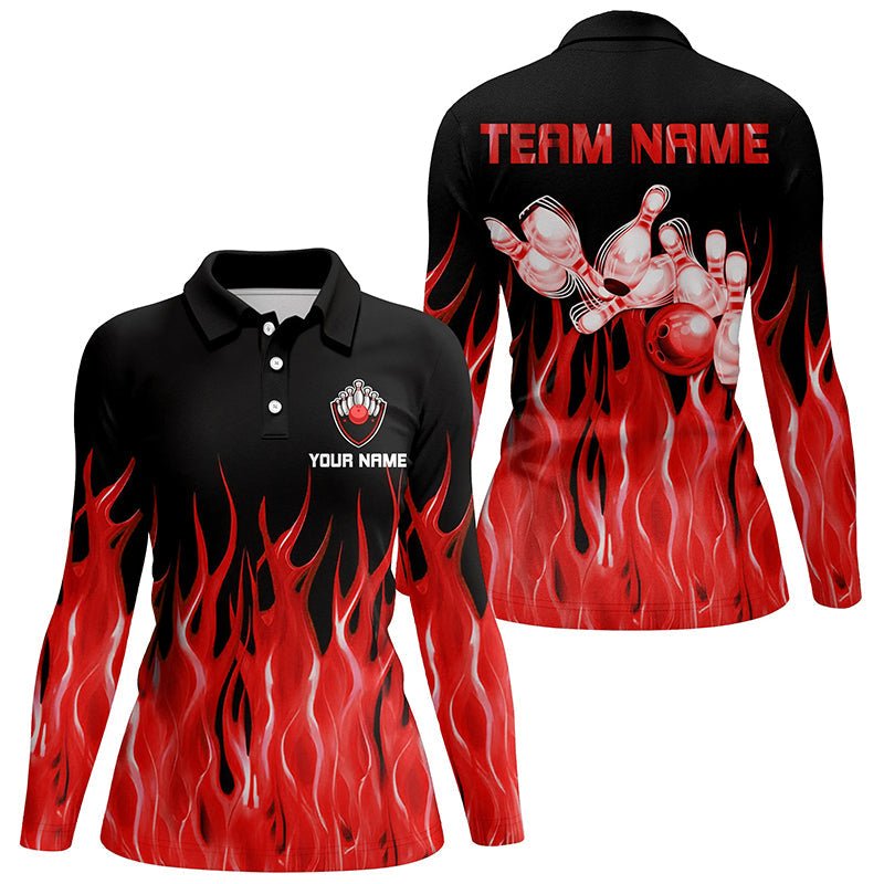 Rotes Flammen Damen Bowling Polo Shirt schwarz - Personalisierte Bowling Team Shirts Q7052 - Climcat