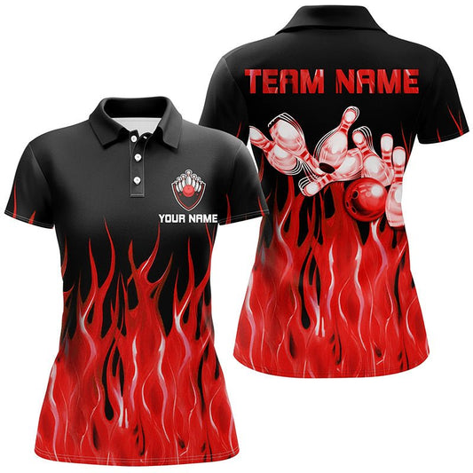 Rotes Flammen Damen Bowling Polo Shirt schwarz - Personalisierte Bowling Team Shirts Q7052 - Climcat