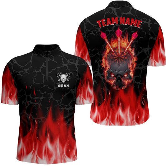 Rotes Flammen Totenkopf Dart 1/4 Zip Shirt, individuell anpassbares gruseliges Dart-Shirt für Männer, coole Dart Trikots K298 - Climcat