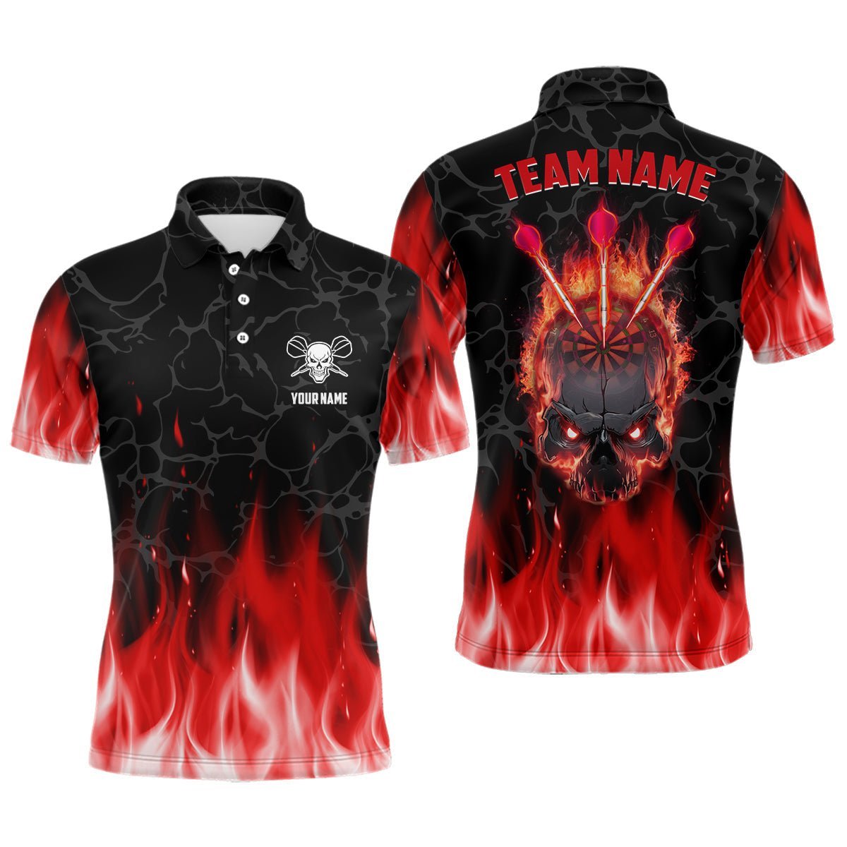 Rotes Flammen Totenkopf Darts Herren Polo Shirt, individuell anpassbares gruseliges Darts Shirt für Männer, coole Dart Trikots O771 - Climcat