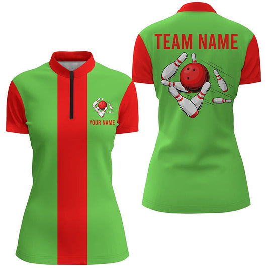 Rotes grünes Weihnachts-Bowling-Quarter-Zip-Shirt für Damen - Personalisiertes Vintage-Bowling-Teamtrikot Q6882 - Climcat