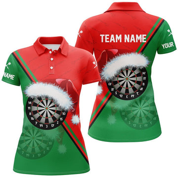 Rotes grünes Weihnachts-Dart-Polo-Shirt für Frauen mit Santa Darts Board, individuell anpassbares Dart-Trikot für Frauen Y598 - Climcat