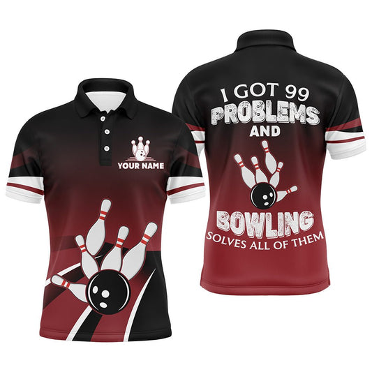 Rotes & Schwarzes Lustiges Bowling Polo Shirt für Herren, Personalisiertes Namens Bowling Trikot, Vintage Bowlers Shirt B134 - Climcat