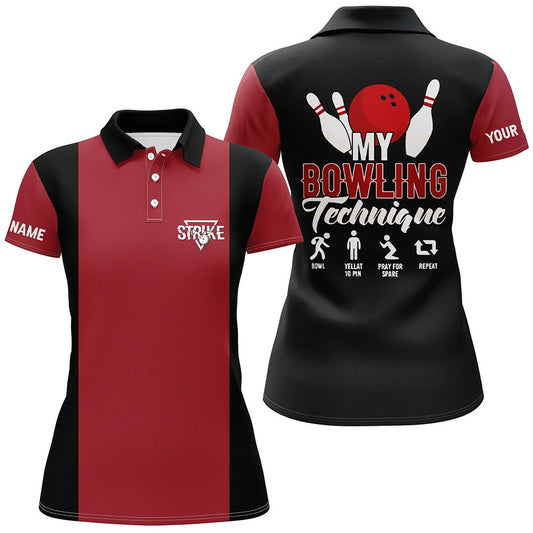 Rotes schwarzes Vintage Damen Bowling Polo Shirt - Personalisiert mit meinem Bowling Technik Strike - Bowling Team Trikot Q5487 - Climcat