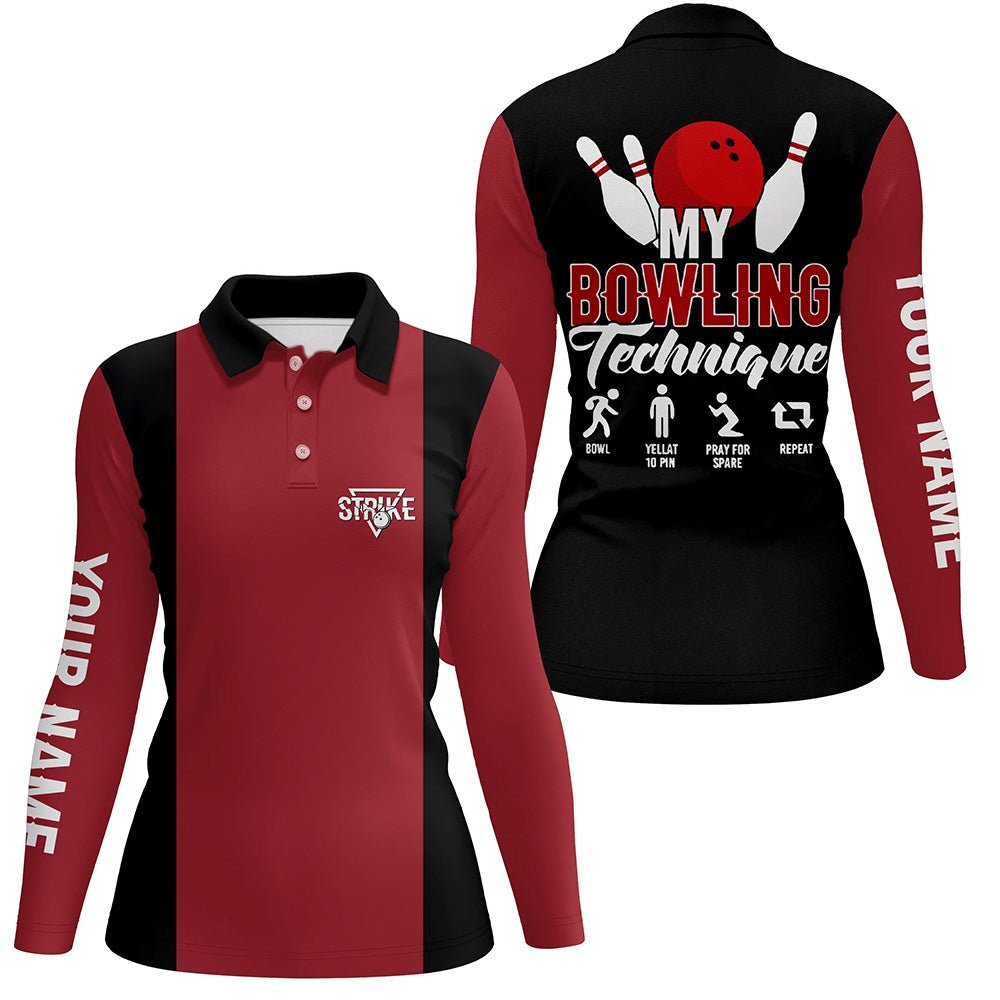Rotes schwarzes Vintage Damen Bowling Polo Shirt - Personalisiert mit meinem Bowling Technik Strike - Bowling Team Trikot Q5487 - Climcat